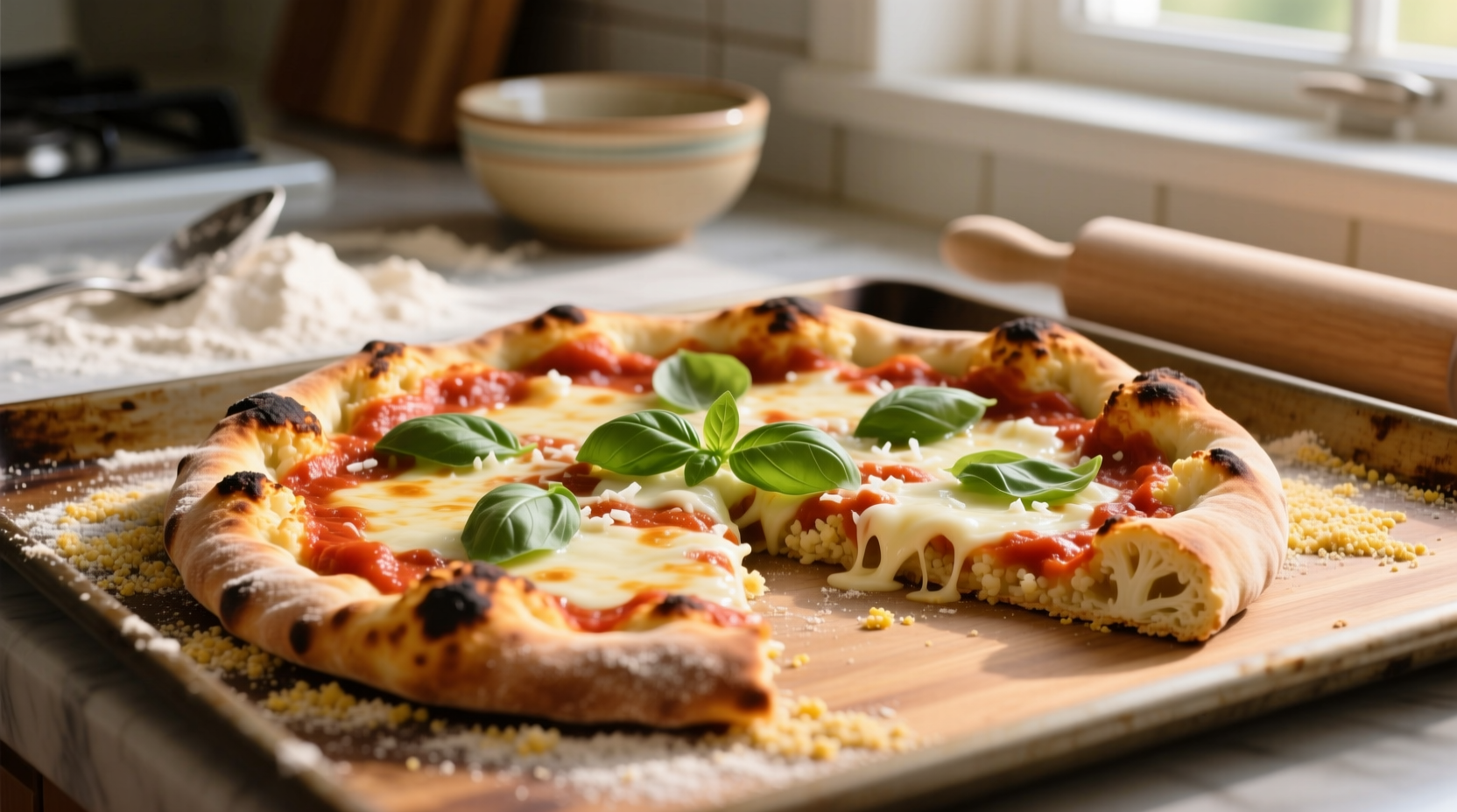 Homemade cauliflower pizza crust on baking sheet