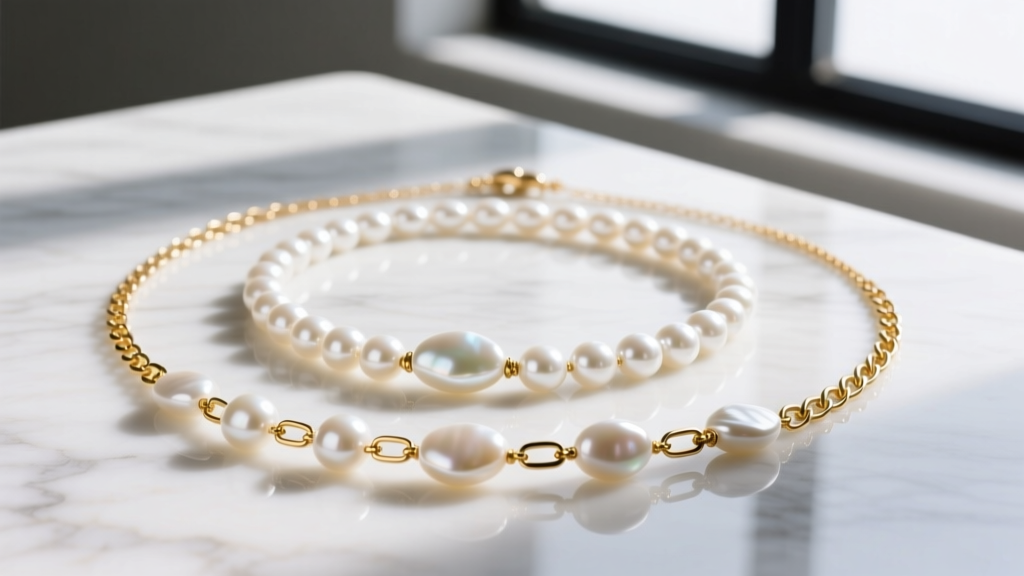 Flat lay of three layered pearl necklaces with gold vermeil paperclip chains and irregular white Edison pearls on a marble surface.