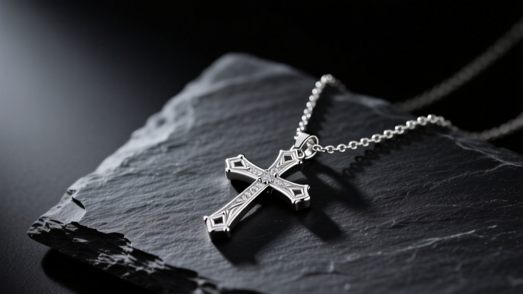 Close-up of a womens sterling silver cross necklace resting on dark slate, catching soft directional studio lighting