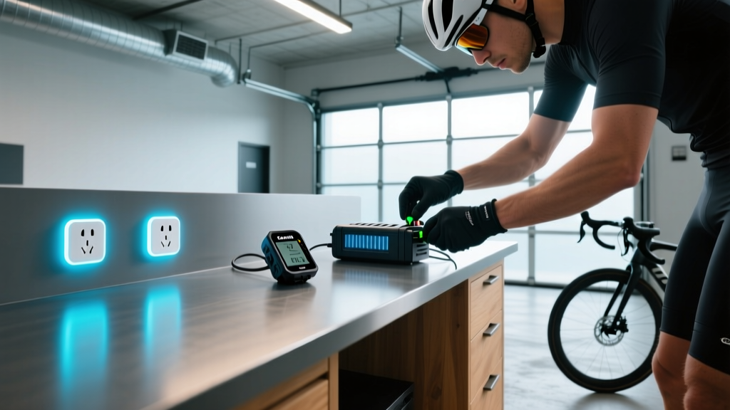 Cyclist organizing Garmin Edge computer and e-bike battery on a smart workbench with glowing Matter-enabled smart plugs in a modern garage