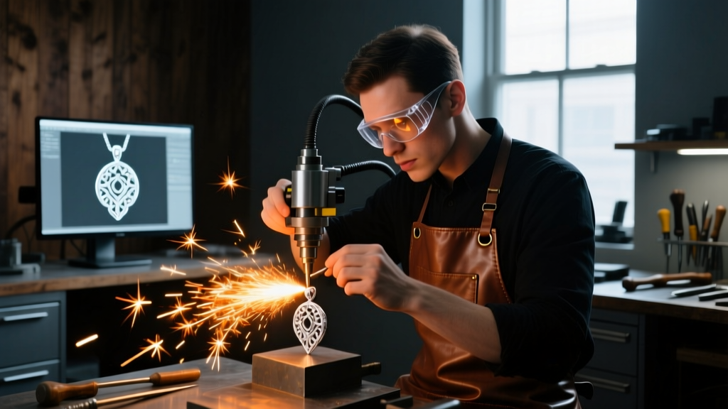 Jeweler operating a fiber laser on a silver pendant, with bright sparks and a monitor visible in the dimly lit workshop setting