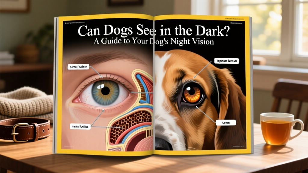 Side-by-side illustration comparing human and dog eye anatomy, highlighting rods, cones, and the tapetum lucidum