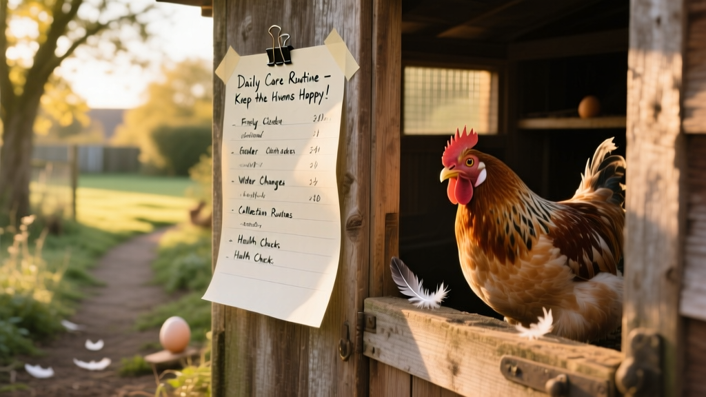 A neatly organized chicken care checklist taped to the side of a coop door.