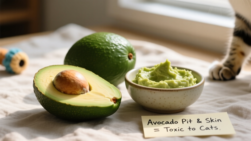 A whole avocado with pit, skin, and green flesh beside a small bowl of guacamole—illustrating parts unsafe for cats