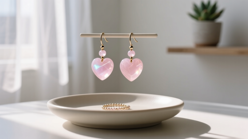 Close-up of rose quartz heart beaded earrings dangling from a minimalist ceramic jewelry dish, bathed in soft morning sunlight.