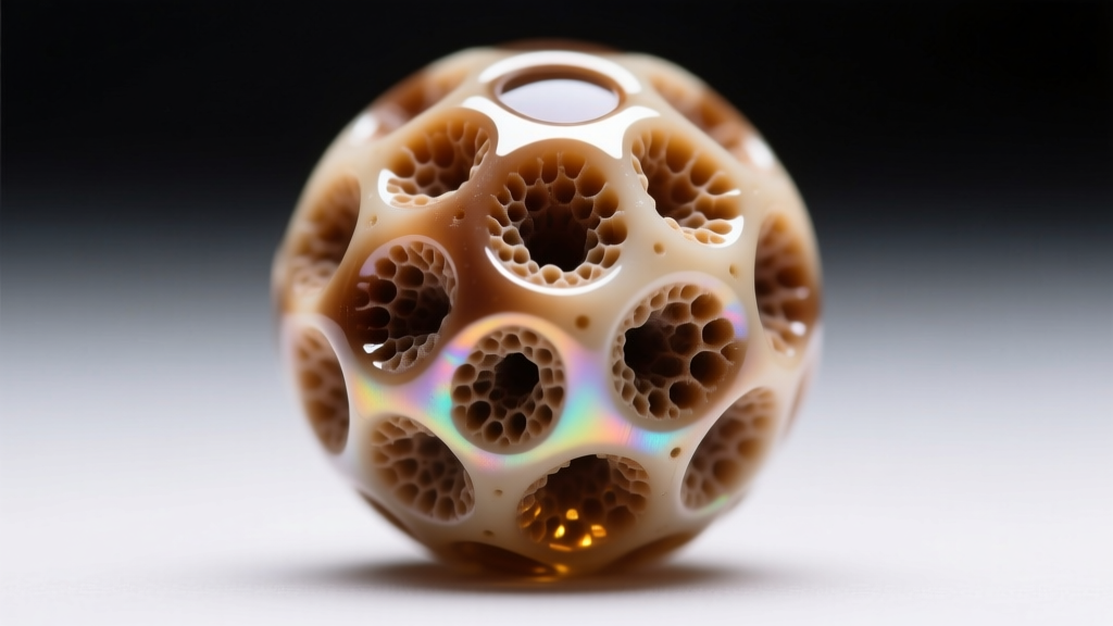 Macro shot of sponge coral bead surface showing natural pits and resin stabilization under a bright directional gemological light