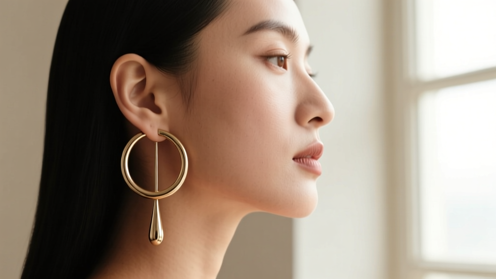 Side profile showing wide circular hoop earring adding visual width to square jawline versus a slimming vertical teardrop earring