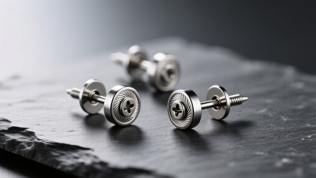 Macro shot of 18-gauge titanium earring posts with screw-back clutches on dark slate under soft directional lighting.