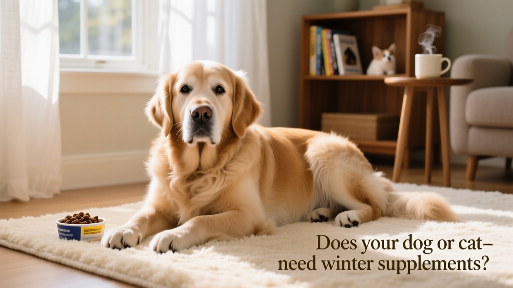 Senior golden retriever resting comfortably on a soft rug near a sunny window