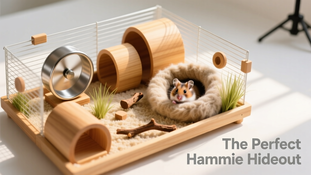 Top-down view of a fully accessorized hamster cage with tunnels, wheel, and nesting area
