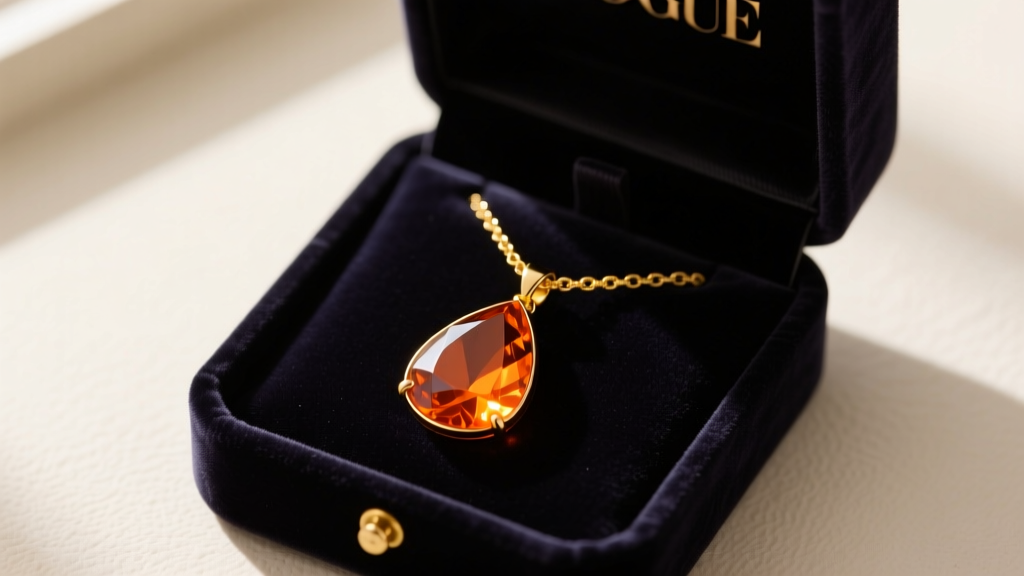 Open dark velvet gift box revealing a glowing orange real carnelian teardrop pendant resting on a delicate 14k yellow gold chain.