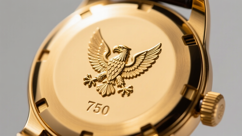 Macro photo of a vintage 18k gold watch case back showing a clear eagle head hallmark and 750 millesimal stamp under bright light
