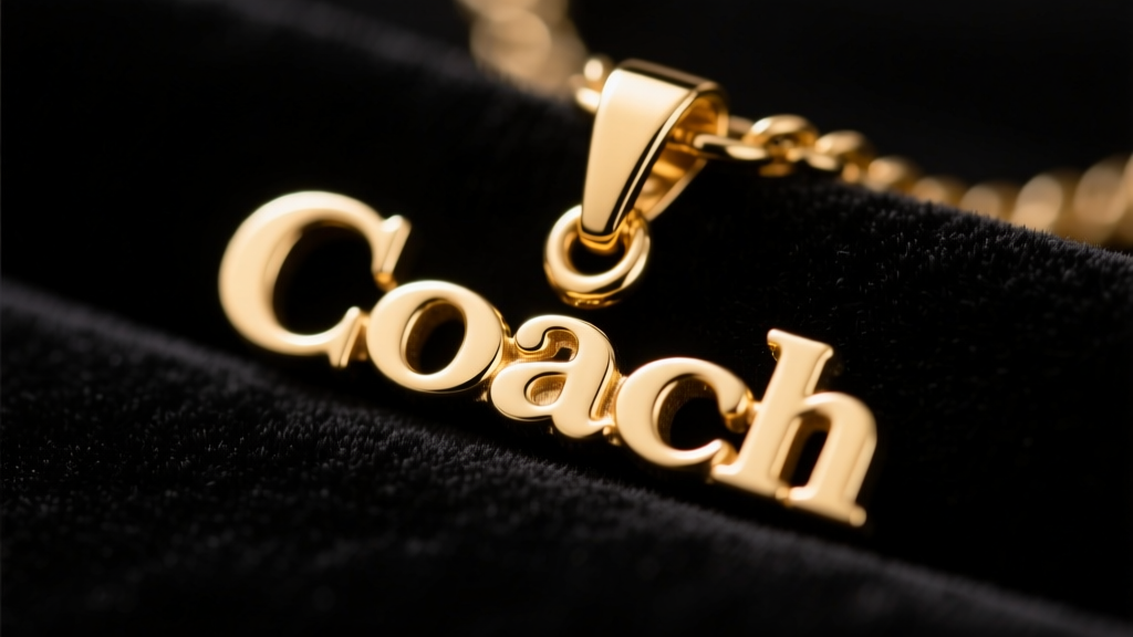 Macro shot of a gold-plated brass Coach wordmark pendant on black velvet, showing crisp serif typography and deep metal stamping.