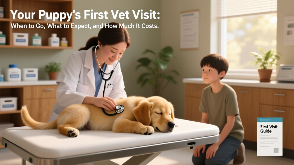 A veterinarian using a stethoscope to listen to a relaxed puppy's chest while the owner watches closely