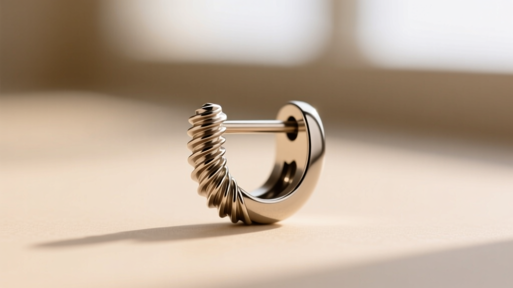 Macro photography of a titanium twist back earring post showing precise screw threading against a soft blurred beige background.