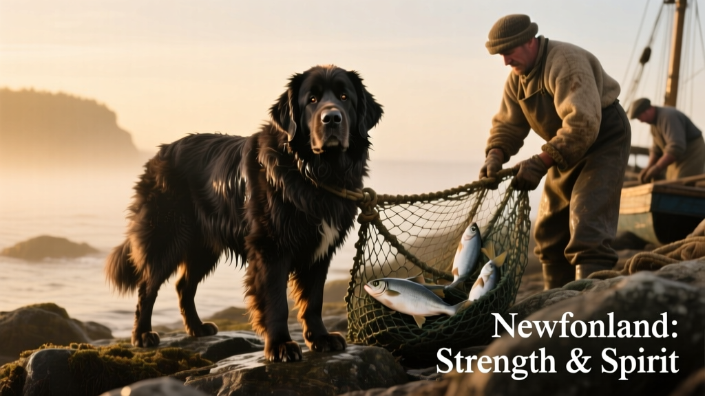 A historical black-and-white photo showing a Newfoundland assisting fishermen on a rocky shoreline