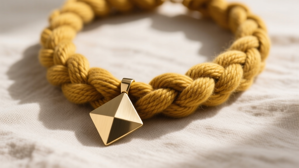 Hand-braided mustard yellow merino wool yarn necklace with a brushed brass geometric pendant resting on neutral linen fabric.