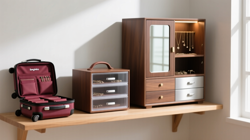 Three Songmics jewelry organizers arranged by height on a wooden shelf, showcasing compact travel cases and a large armoire style
