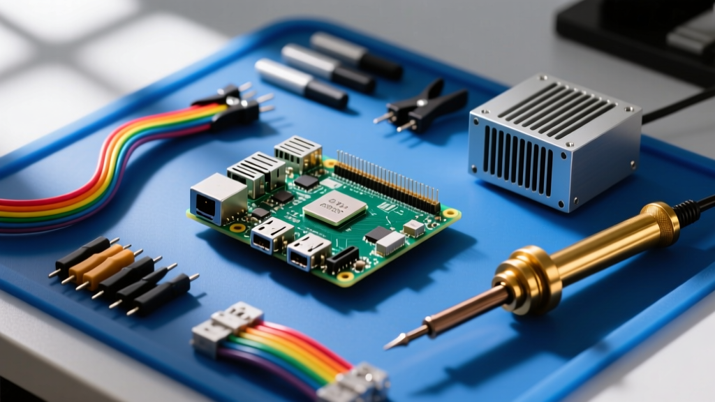 Raspberry Pi 5 single-board computer with aluminum active cooler, jumper wires, and soldering iron on a blue anti-static silicone work mat