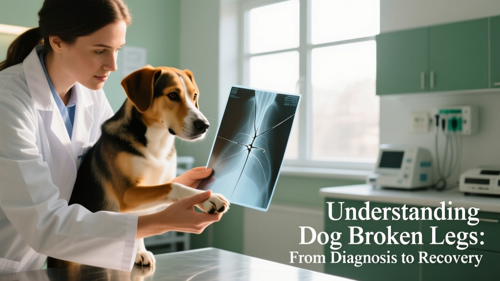 Veterinary technician gently examining a dog's hind leg while holding an X-ray image showing a clear transverse fracture line