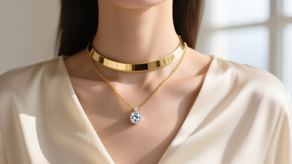Elegant collarbone showing a 14-inch gold choker and 18-inch diamond solitaire pendant resting softly against a cream silk blouse.