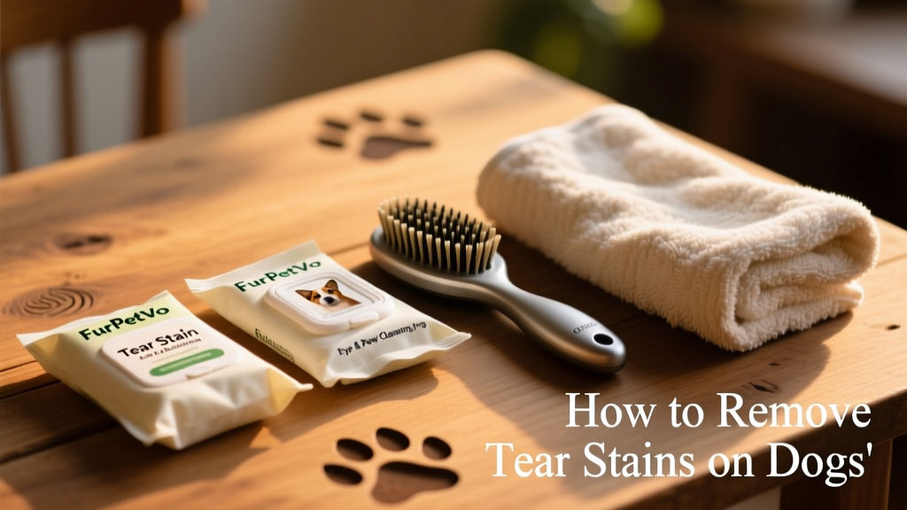 FurPetVo Tear Stain Wipes and Eye & Paw Cleansing Wipes arranged neatly beside a grooming brush and towel