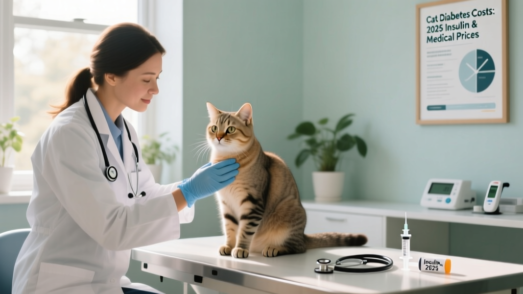 A veterinarian gently examining a calm, seated cat during a routine checkup