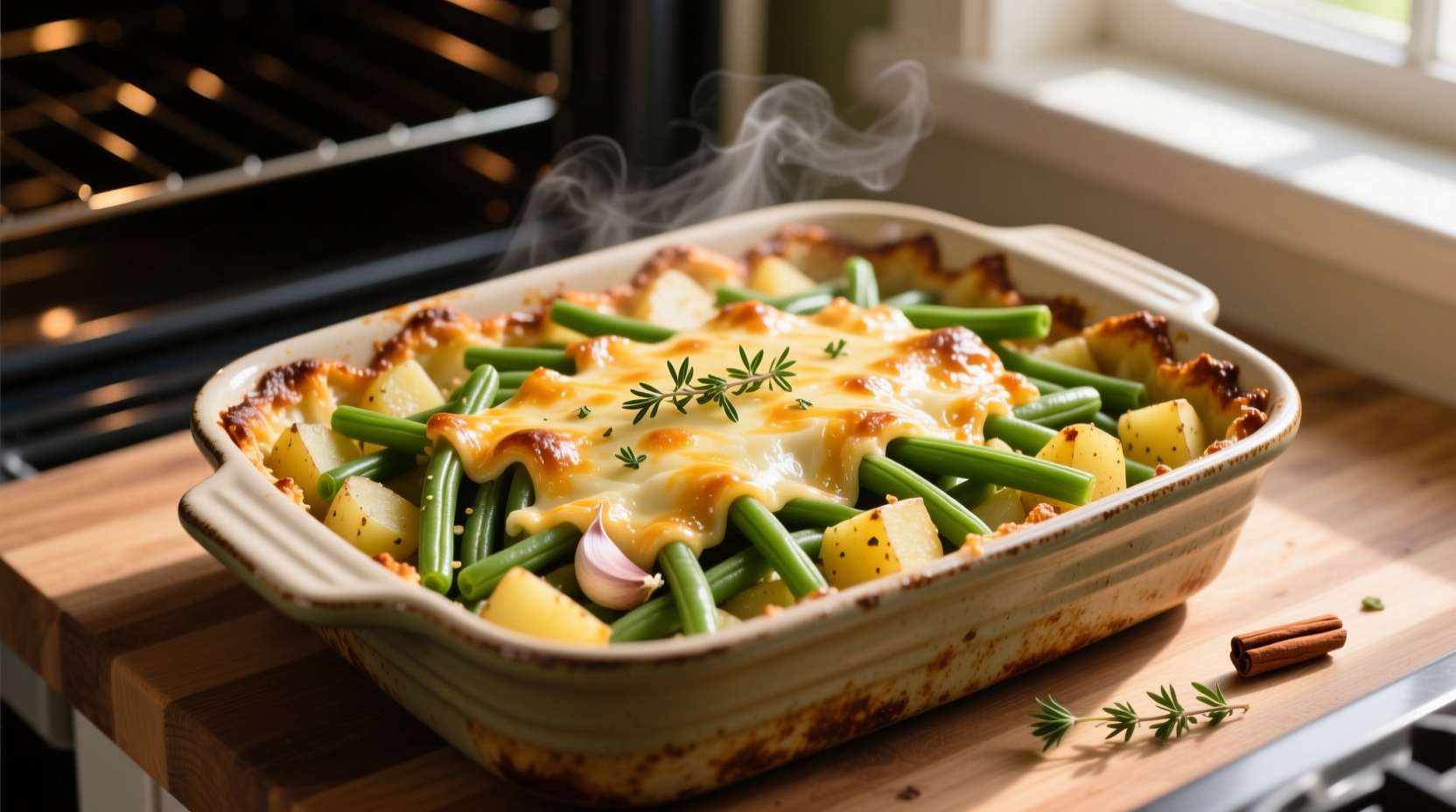 Green bean potato casserole in baking dish