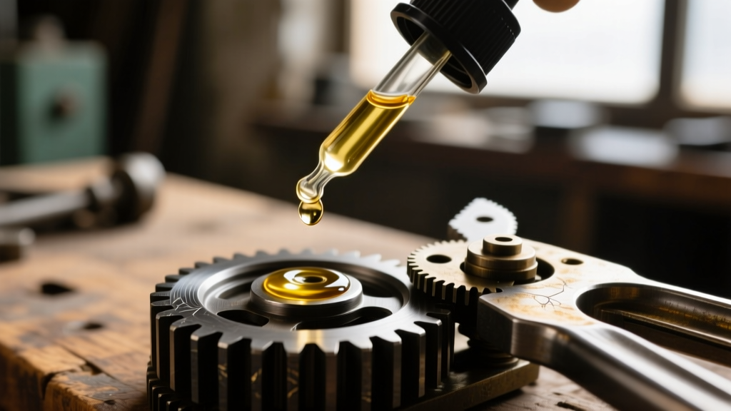 Macro shot of a food-grade mineral oil dropper applying lubricant to the carbon steel gears of a vintage-style manual swing can opener