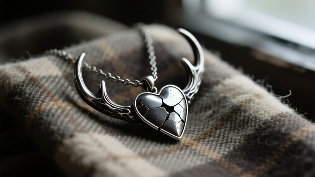 Close-up of a dark oxidized silver necklace with a cracked heart antler pendant resting on vintage flannel in moody lighting.