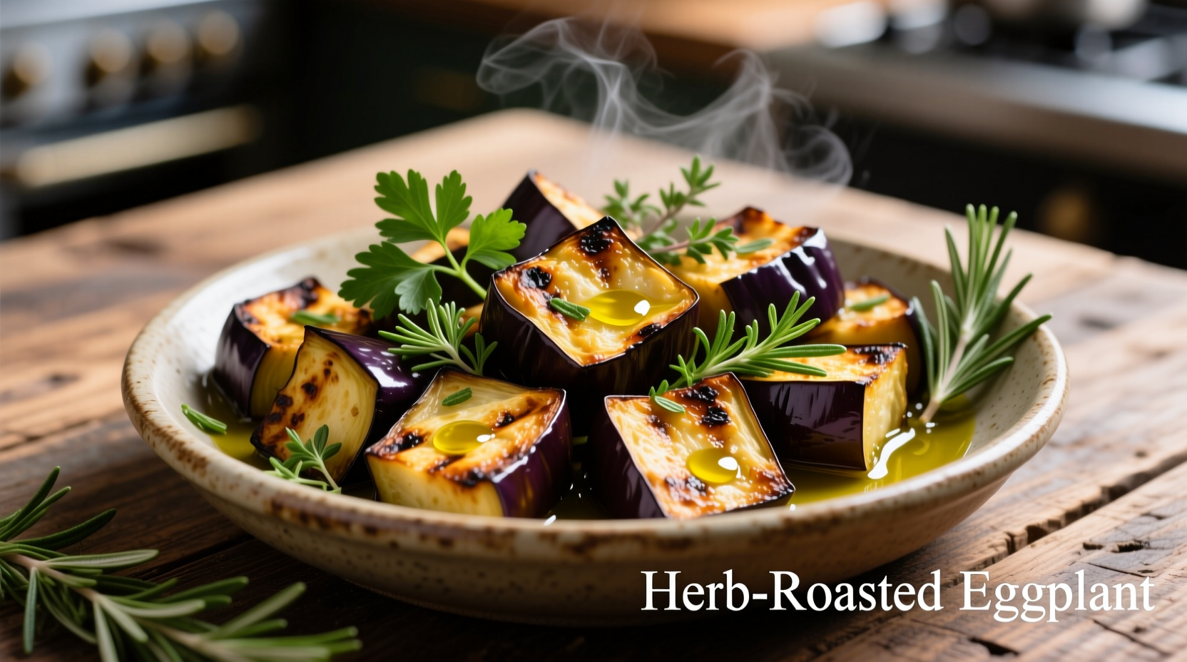 Oven roasted eggplant cubes with herbs