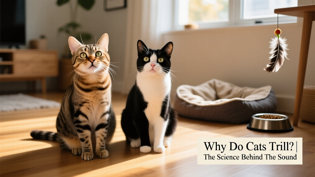 Two cats sitting side by side, both tilting their heads and emitting soft trills