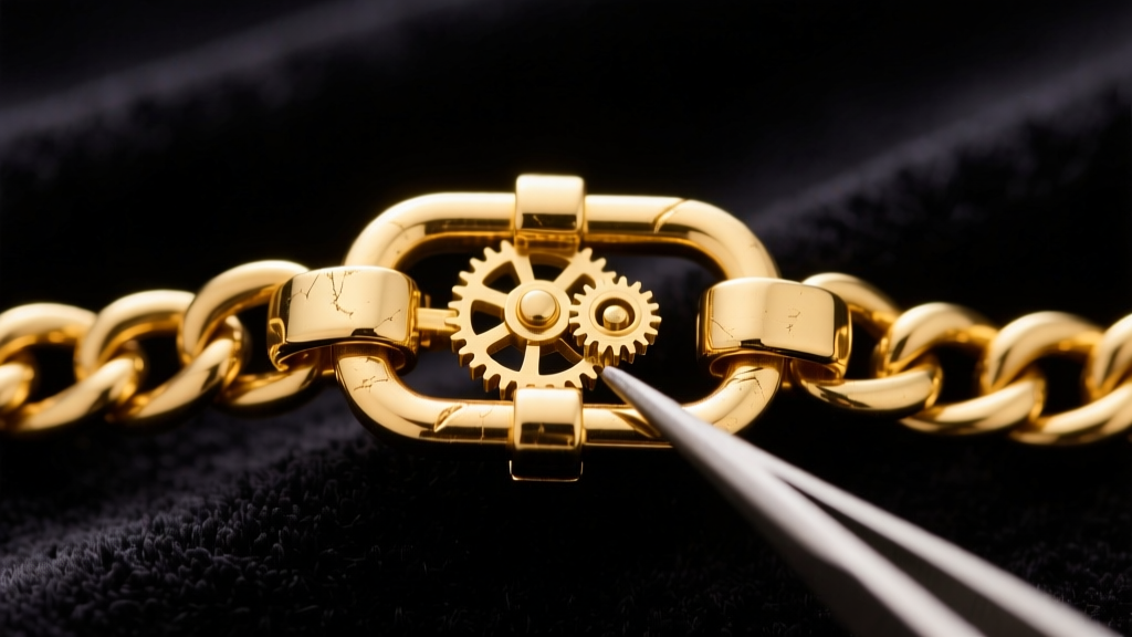 Macro shot of a 14k gold box chain lobster clasp inspected with tweezers against dark velvet to check for spring mechanism wear.
