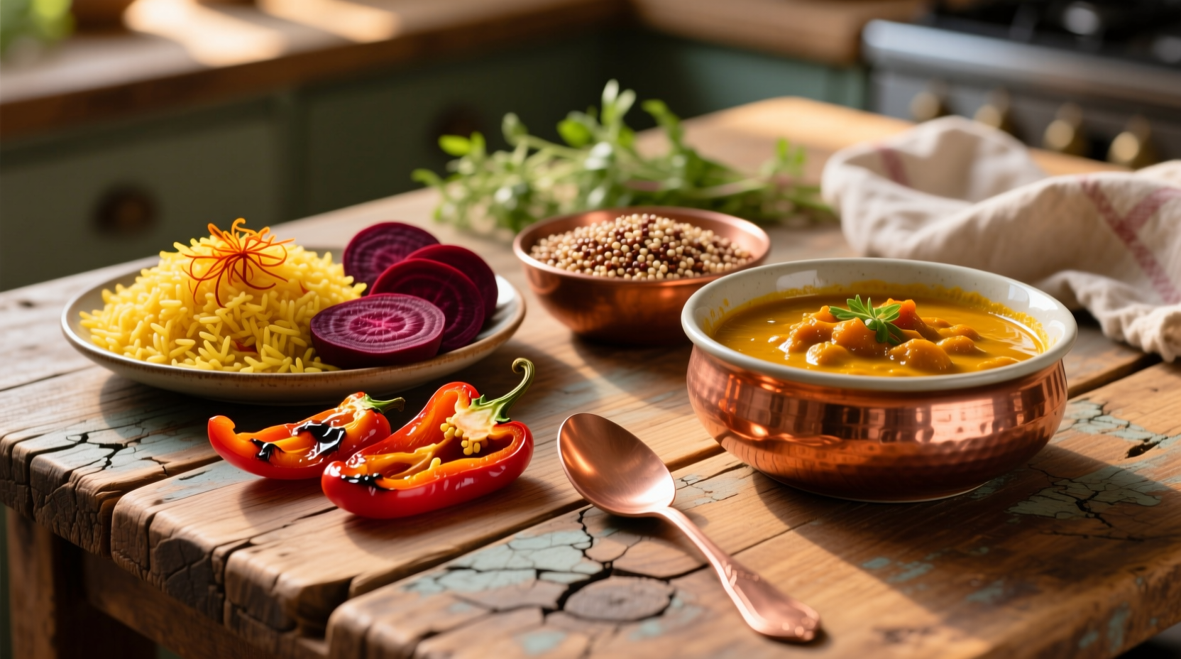 Colorful copper-rich foods on wooden table