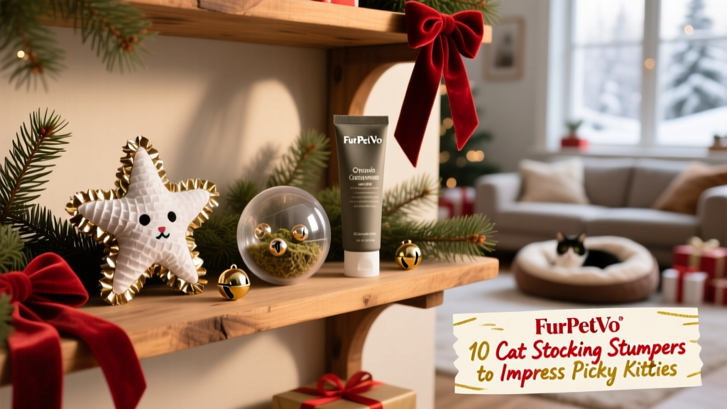 A holiday-themed shelf display featuring FurPetVo products: star-shaped crinkle toys, plastic animal balls, and a tube of catnip blend, all arranged with pine sprigs and red ribbon