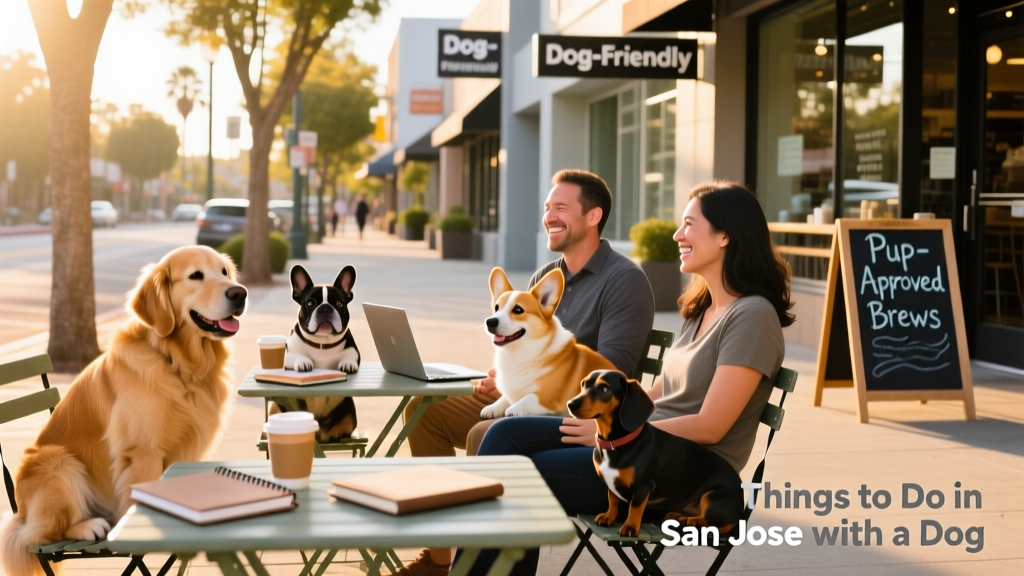A relaxed outdoor cafe setting in San Jose with dogs lounging beside their owners at sidewalk tables.