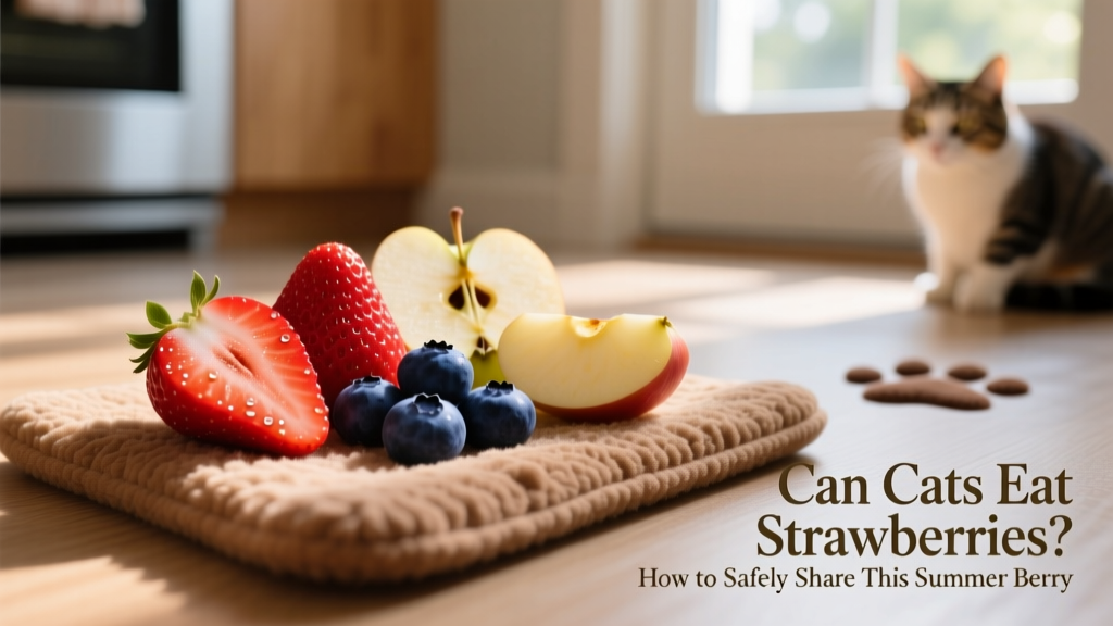 Assortment of cat-safe fruits—strawberry, blueberry, apple slice—arranged neatly on a pet-friendly mat