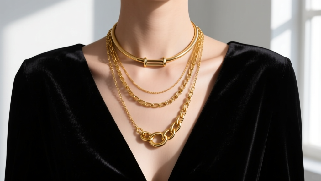 Three layered gold necklaces of varying lengths on a black velvet dress, showing a specialized metal anti-tangle spacer bar.