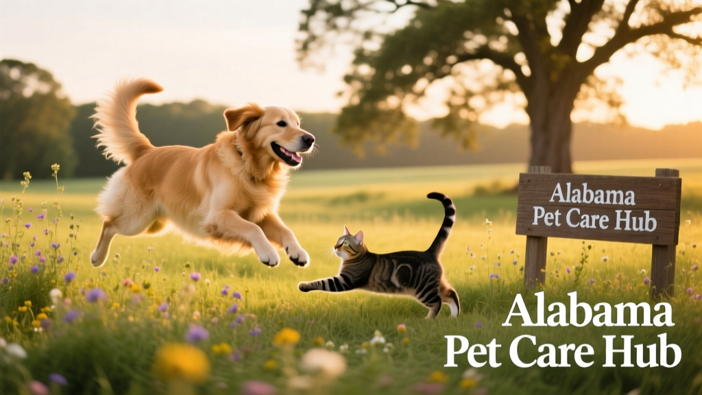 Alabama landscape with happy dog and cat outdoors, symbolizing local pet care
