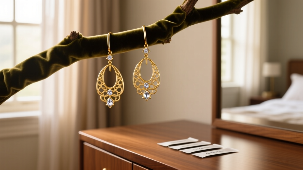Gold vermeil drop earrings hanging on a velvet tree with anti-tarnish strips placed nearby in a softly lit bedroom vanity setting.