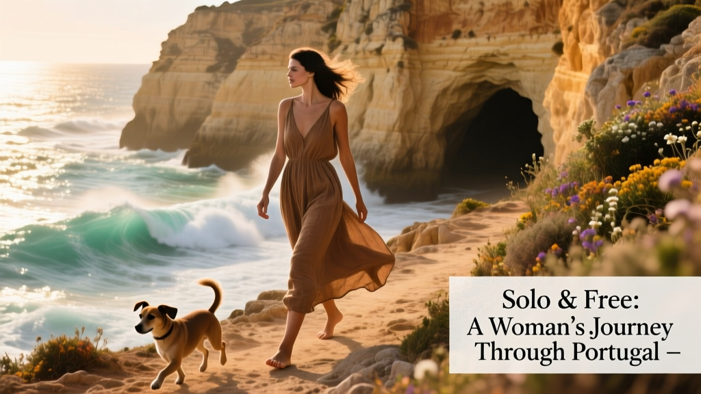 A woman walking barefoot along a dramatic Algarve coastline with limestone cliffs and turquoise water