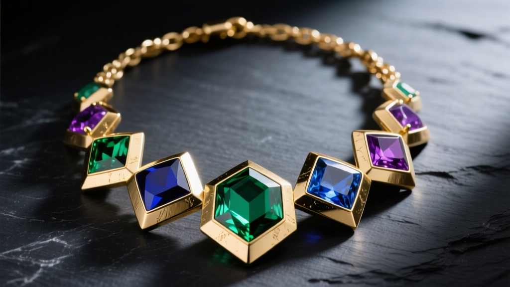 Large gold-plated brass bib necklace with geometric resin stones on dark slate, illuminated by dramatic side studio lighting