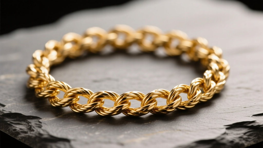 Macro shot of an 18k gold rope chain on slate, showing twisted links and warm luster under soft studio lighting.