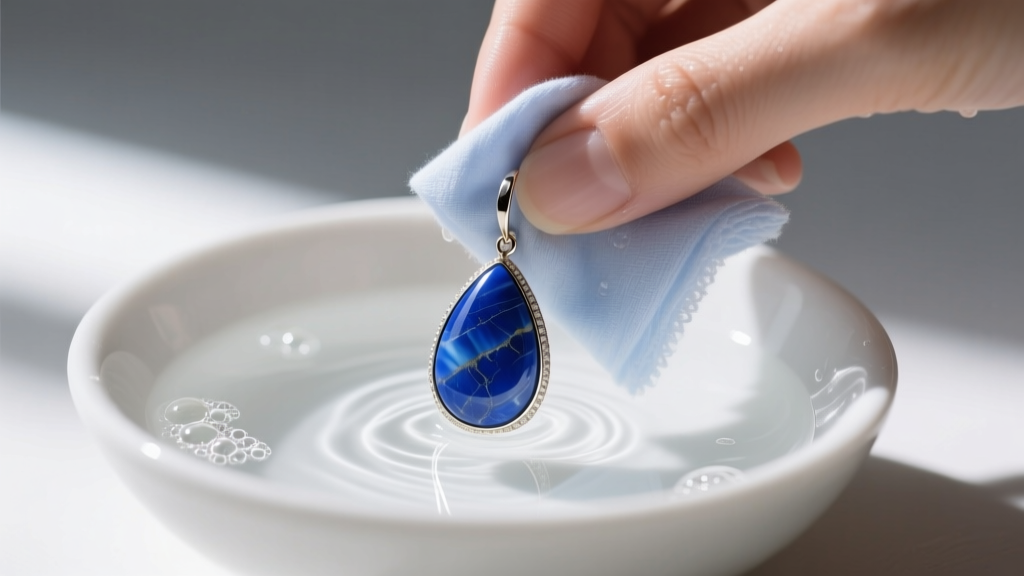 Hands gently wiping a blue lapis drop earring with a damp microfiber cloth over a small ceramic bowl of lukewarm soapy water