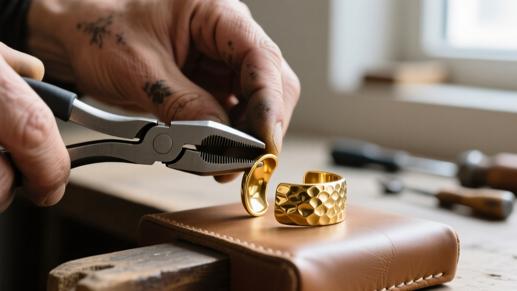 Macro shot of a jeweler using nylon-jaw pliers to gently adjust the tension of a hammered gold ear cuff on a padded bench