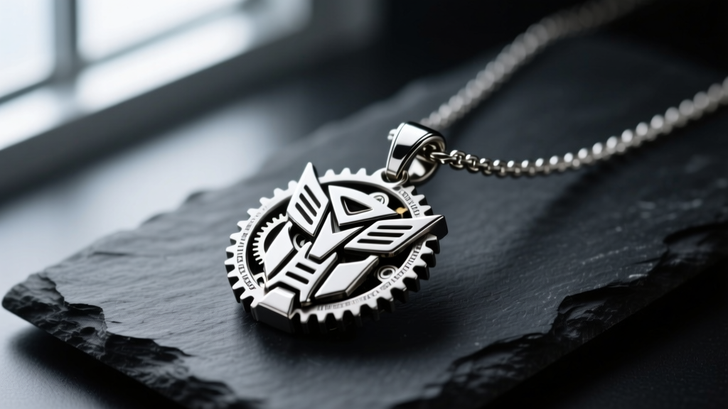 Close-up of a mechanical transformers necklace pendant with interlocking titanium gears on a dark slate jeweler's work bench.