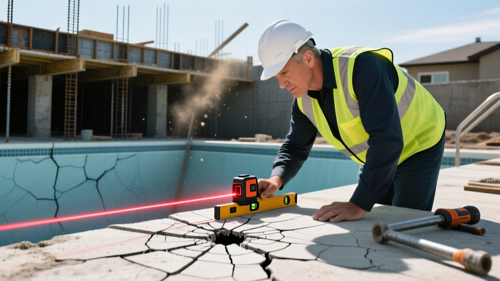Structural engineer inspecting a cracked gunite pool shell with a laser level during residential foundation stabilization work