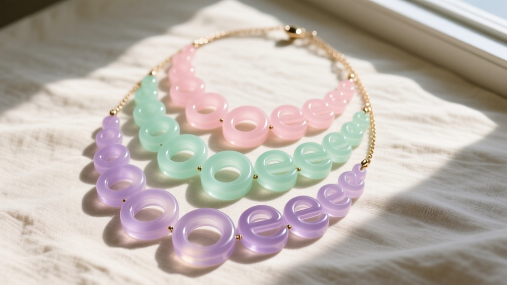 Overhead view of three layered bubble letter necklaces in varying sizes and pastel acrylic hues on a cream linen backdrop