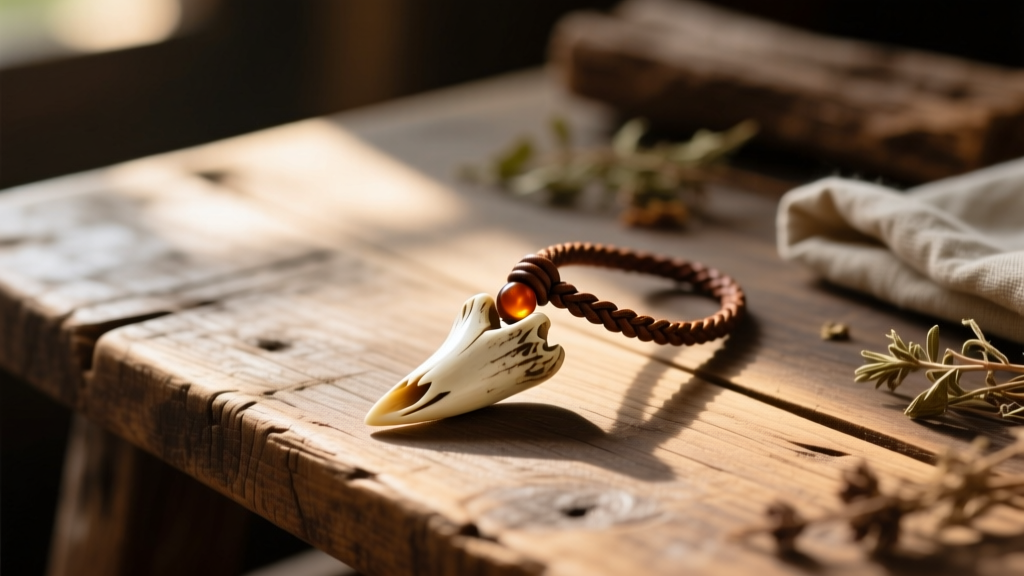 A rustic wooden table displaying a real bone wolf tooth pendant on a braided leather cord, bathed in warm, directional sunlight.