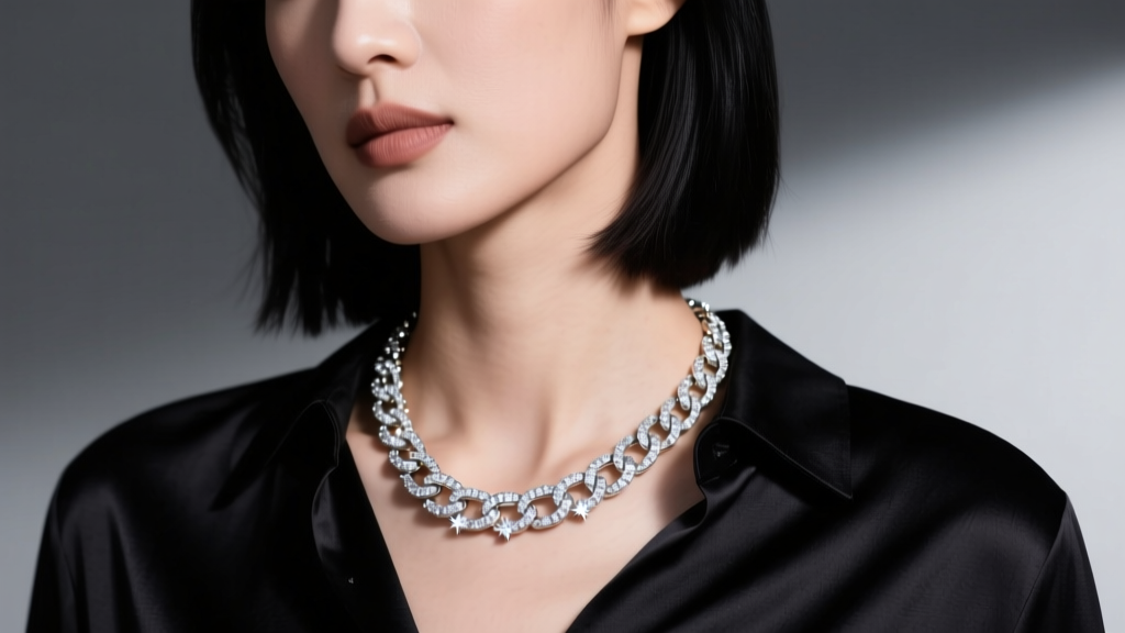 Close-up of a woman wearing an 18-inch 14k white gold diamond Cuban link necklace catching light against a dark silk blouse